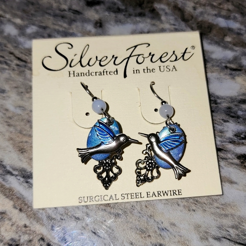 Silver Forest Hummingbird Dangle Earrings